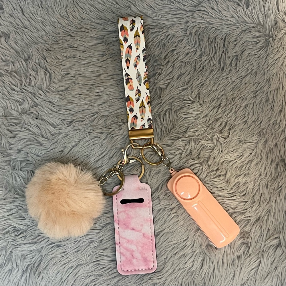 Feather Print handmade wristlet Keychain Set with Pom Pom